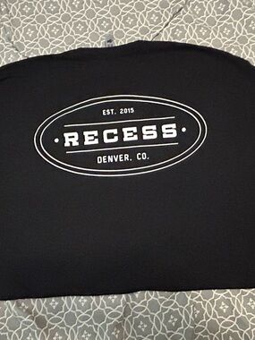 RECESS Beer Garden, Denver, Black Graphic Tee with White Logo. Large.